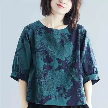 Летняя женская винтажная футболка больших размеров, свободная элегантная футболка с коротким рукавом M зелёный