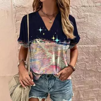 Летняя женская винтажная футболка, модная графическая футболка с V-образным вырезом, футболки, женская повседневная одежда с коротким рукавом, стильный женский наряд S
