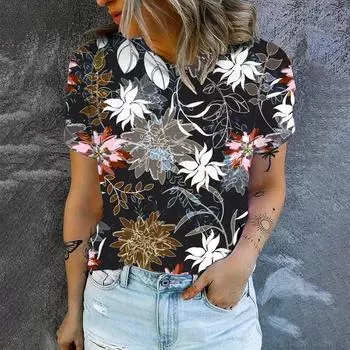 Летняя женская винтажная футболка с роскошным цветочным узором, топы, футболки, женская модная одежда с коротким рукавом, женская винтажная уличная одежда XXS