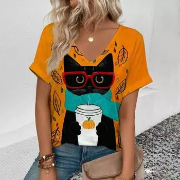 Летняя женская винтажная футболка с забавным принтом кота, топы с круглым вырезом, футболки, женская модная одежда с коротким рукавом, женская повседневная стильная одежда S