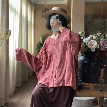 Летняя женская винтажная однотонная футболка с вышивкой, хлопковая льняная футболка с v-образным вырезом и длинными рукавами