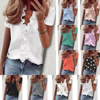 Летняя женская винтажная повседневная свободная рубашка с v-образным вырезом и рюшами, рубашка с коротким рукавом 5XL