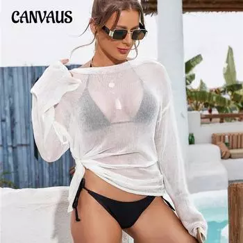 Летняя женская вязаная пляжная накидка с одним вырезом, сексуальная, слегка прозрачная, с разрезом, с длинным рукавом, солнцезащитная рубашка, бикини, наружная накидка One Size белый