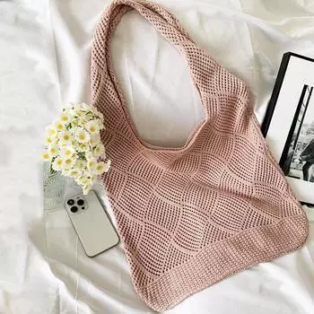 Летняя женская вязаная сумка для покупок, большая вместимость, полые пляжные сумки ручной работы, сумки для путешествий в супермаркетах, вязаные крючком сумки через плечо 37x2x29cm бежевый