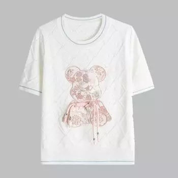 Летняя женская вышивка бисером мультяшный медведь вязаный клетчатый свитер футболка пуловер для девочек джемпер топы One Size белый