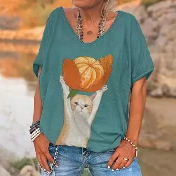 Летняя женская забавная футболка с мультяшным котом, модные топы с V-образным вырезом, футболки, женская повседневная одежда с коротким рукавом, женская винтажная одежда S