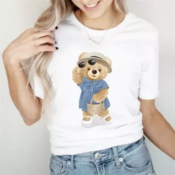 Летняя женская забавная милая футболка с принтом медведя для девочек, женская модная футболка с узором для отдыха, женская простая футболка с коротким рукавом для отдыха S