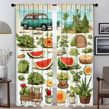 Летняя жизнь Иллюстрация Кухонные шторы для гостиной Хэллоуин Украшение для домашнего интерьера Шторы 2 шт. Оконные занавески W50xH70cmx2pcs-CL