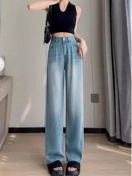 Лето 2000-х годов, синие винтажные свободные джинсы, женские элегантные прямые широкие брюки с высокой талией, модный дизайн, потертые уличные брюки S синий