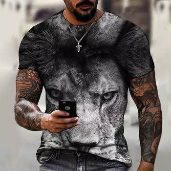 Лето 2021, мужская футболка с 3D принтом, популярная футболка с рисунком льва, повседневная уличная трендовая свободная футболка большого размера с короткими рукавами