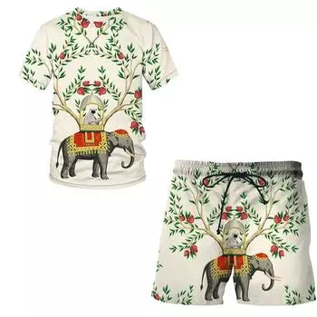 Лето 2022 г., повседневный костюм с изображением цветов, птиц и растений, модный комплект из 2 предметов, футболка с 3D-печатью, свитер с короткими рукавами, уличный M