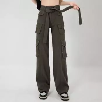Лето 2022 г., прямые повседневные брюки с высокой талией и широкими штанинами в стиле ретро, брюки-карго, бандажные однотонные карманы, уличная одежда, свободный Харадзюку XS