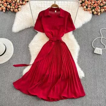 Лето 2022 года, модное плиссированное платье трапециевидной формы с короткими рукавами и отворотами знаменитостей, тонкое, тонкое, средней длины с отворотами