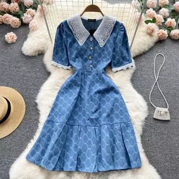 Лето 2022, корейское тонкое кукольное платье с высокой талией и пышными рукавами, кружевное платье со средней и длинной талией, А-образное платье