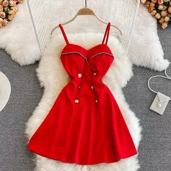 Лето 2022, модное сексуальное тонкое платье для ночного клуба с глубоким вырезом и открытой спиной, маленькое красное платье трапециевидной формы