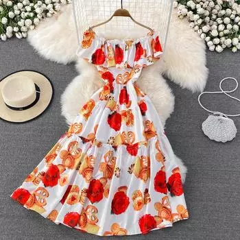 Лето 2022, нежное ветровое платье с открытыми плечами и высокой талией, тонкое платье с принтом, морское праздничное длинное платье с надписью A-word