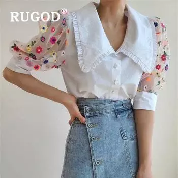 Лето 2022, новая рубашка с короткими рукавами и короткими рукавами с лацканами и цветочным рисунком, дикая рубашка с половиной рукавов One Size белый