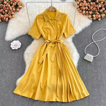 Лето 2022, новинка, корейская версия, французское нежное ветровое платье серии Super Xiansen, тонкое плиссированное платье с большими отворотами и застежкой на талии One Size чёрный