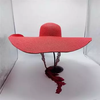 Лето 2022, новинка, красная женская пляжная шляпа с большим карнизом и кружевным ремешком, соломенная шляпа от солнца, 23 см, складная пляжная шляпа большого размера 56-58cm красный