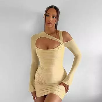 Лето 2022, новинка, сетчатая строчка, наклонное плечо, висящая шея, длинный рукав, тонкие модные сексуальные плиссированные сумки, короткие женские платья на бедрах S жёлтый