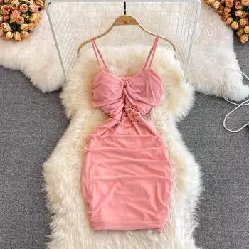 Лето 2022, новое сексуальное платье на подтяжках, маленькое тонкое короткое платье с рюкзаком без рукавов M розовый