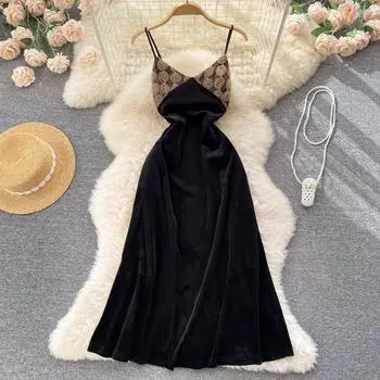 Лето 2022, сетчатое бархатное платье с цветочным принтом на подтяжках, женское французское элегантное элитное черное праздничное пляжное платье