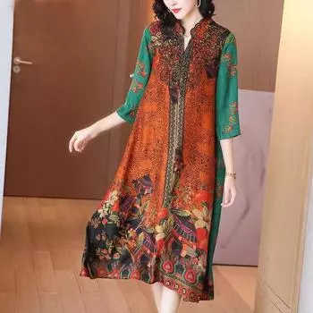 Лето 2022, темпераментное винтажное женское платье с принтом, пуловер со свободной талией и v-образным вырезом для мам среднего возраста M коричневый