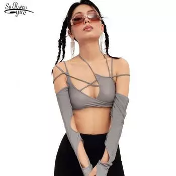 Лето 2022 Y2k Techwear, женские топы с бретельками в стиле панк, готический Egirl, лоскутный укороченный топ с длинными рукавами, сексуальные повседневные футболки с вырезами 21501 S чёрный