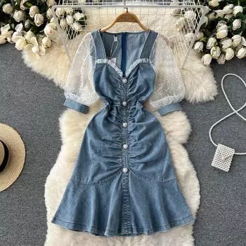 Лето 2022, женское джинсовое платье в стиле ретро, с цветочным принтом, с коротким рукавом, v-образным вырезом, рюшами и оборками, вечерние джинсовые платья S синий