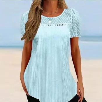 Лето 2023, блузка с коротким рукавом и кружевной рубашкой с круглым воротником, однотонные топы, повседневная свободная одежда, женская Blusa Mujer 28322 S розовый