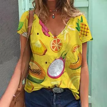 Лето 2023, футболка с 3D растительным принтом и фруктами, женская футболка с v-образным вырезом, топ Kawaii, уличный женский свободный модный универсальный топ в стиле Харадзюку, 2023 г. XS