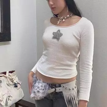 Лето 2023, футболка в стиле Харадзюку с длинным рукавом, фея, гранж, с принтом звезд, готические женские корейские модные повседневные топы, сексуальные тонкие футболки S белый