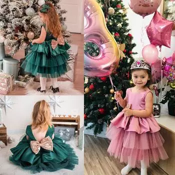 Лето 2023 г., платье с большим бантом и блестками для маленьких девочек 1-10 лет, свадебное платье для первого дня рождения для девочек, вечерние платья принцессы, детская одежда 70 розовый