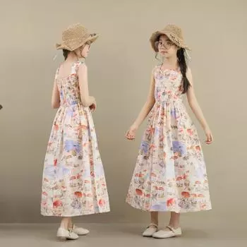 Лето 2023 г., пляжное платье на слинге для девочек, детское платье с цветочным принтом 130cm