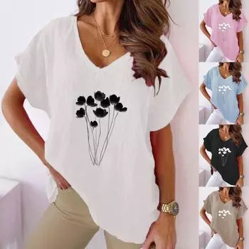 Лето 2023 г., женская повседневная хлопковая конопляная футболка с v-образным вырезом и цветочным принтом «летучая мышь» и короткими рукавами S синий