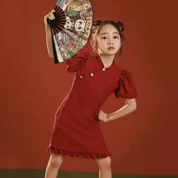 Лето 2023 г., женское платье-чеонгсам в китайском стиле: Платье принцессы с короткими рукавами для детей 160 cm красный