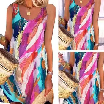 Лето 2023 г., женское повседневное платье без рукавов с принтом и бретельками на шее S