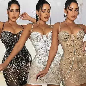 Лето 2023 г., женское сексуальное платье из сетки с кисточками и яркими бриллиантовыми деталями для стран ЕС и США Large