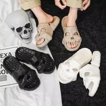 Лето 2023 года, уличные забавные пляжные нескользящие повседневные сандалии с черепом и толстой подошвой, мужские тапочки 36-37 чёрный