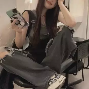 Лето 2023 года. Узкий джинсовый комбинезон с высокой талией — уличный стиль для горячих девушек 2XL серый/чёрный