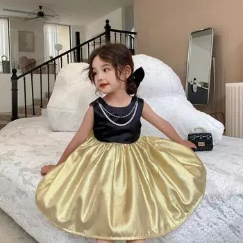 Лето 2023 года, вечернее платье черного и золотого цвета для девочек, детская одежда принцессы с галстуком-бабочкой, платье для выступлений с открытой спиной, жилет с бисером, платья 3T золотой