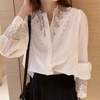 Лето 2023, кружевная рубашка, модная шифоновая блузка с цветочным крючком, сладкий фонарь с длинным рукавом, белые топы с воротником-стойкой, одежда 27143 S чёрный