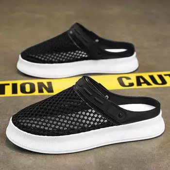 Лето 2023, новая дышащая и непроницаемая для запаха спортивная обувь с сетчатой поверхностью и полой сеткой для ленивых: Повседневная модная обувь на каблуке без полуприцепа на один шаг 39 чёрный