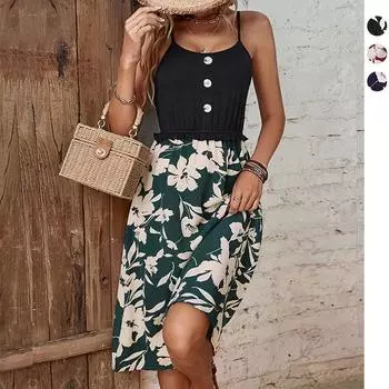 Лето 2023, новая европейская и американская модная женская одежда, слинг с цветочным узором S темно-зеленого