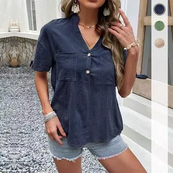 Лето 2023, новая европейская и американская модная женская одежда, повседневный однотонный пуловер с v-образным вырезом S темно-синий