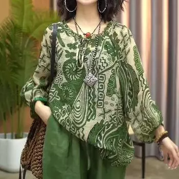 Лето 2023, новый пуловер в стиле ретро с принтом, топы, женская одежда, свободная зеленая футболка с круглым вырезом и шнуровкой, зеленая футболка с длинными рукавами L зелёный