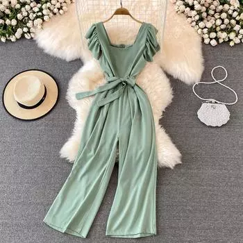 Лето 2023, новый сексуальный комбинезон с открытыми плечами и высокой талией, тонкий, широкий, прямой комбинезон с закрытой талией, модный комбинезон с квадратным вырезом