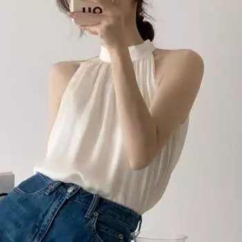 Лето 2023, сексуальные топы без рукавов, французская корейская одежда, однотонный топ с подвесным воротником, повседневная рубашка для женщин, элегантная 26866 M бежевый