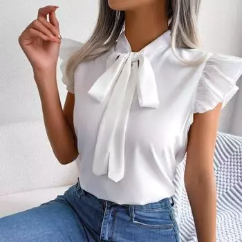 Лето 2023, шифоновые блузки с милым бантом и воротником, женская рубашка, топы без рукавов, офисная женская однотонная одежда, Blusa Mujer 26666 S синий