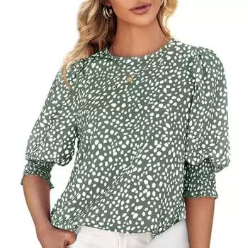 Лето 2023, свободная элегантная женская блузка с принтом, шифоновая рубашка с короткими рукавами, женские повседневные модные топы с круглым вырезом, женская одежда 25190 S зелёный